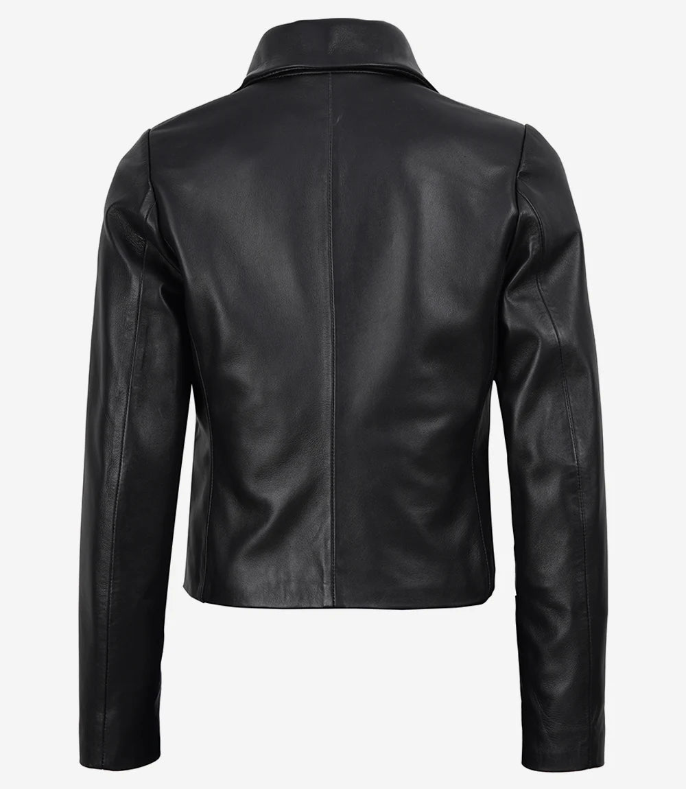 Cropped Black Leather Blazer with Notch Lapel for Women-Leather Jackets-Glompi-Glompi