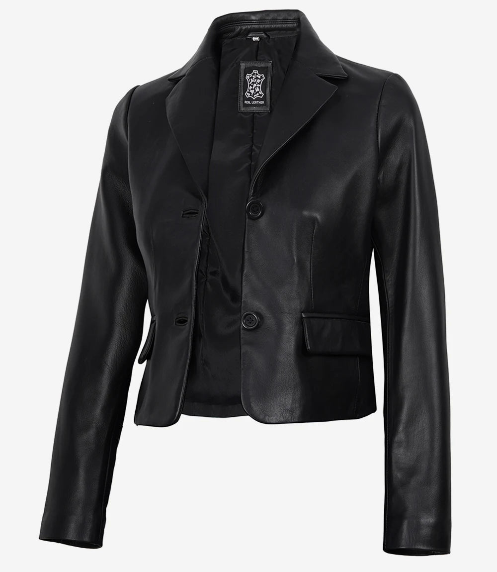 Cropped Black Leather Blazer with Notch Lapel for Women-Leather Jackets-Glompi-Glompi