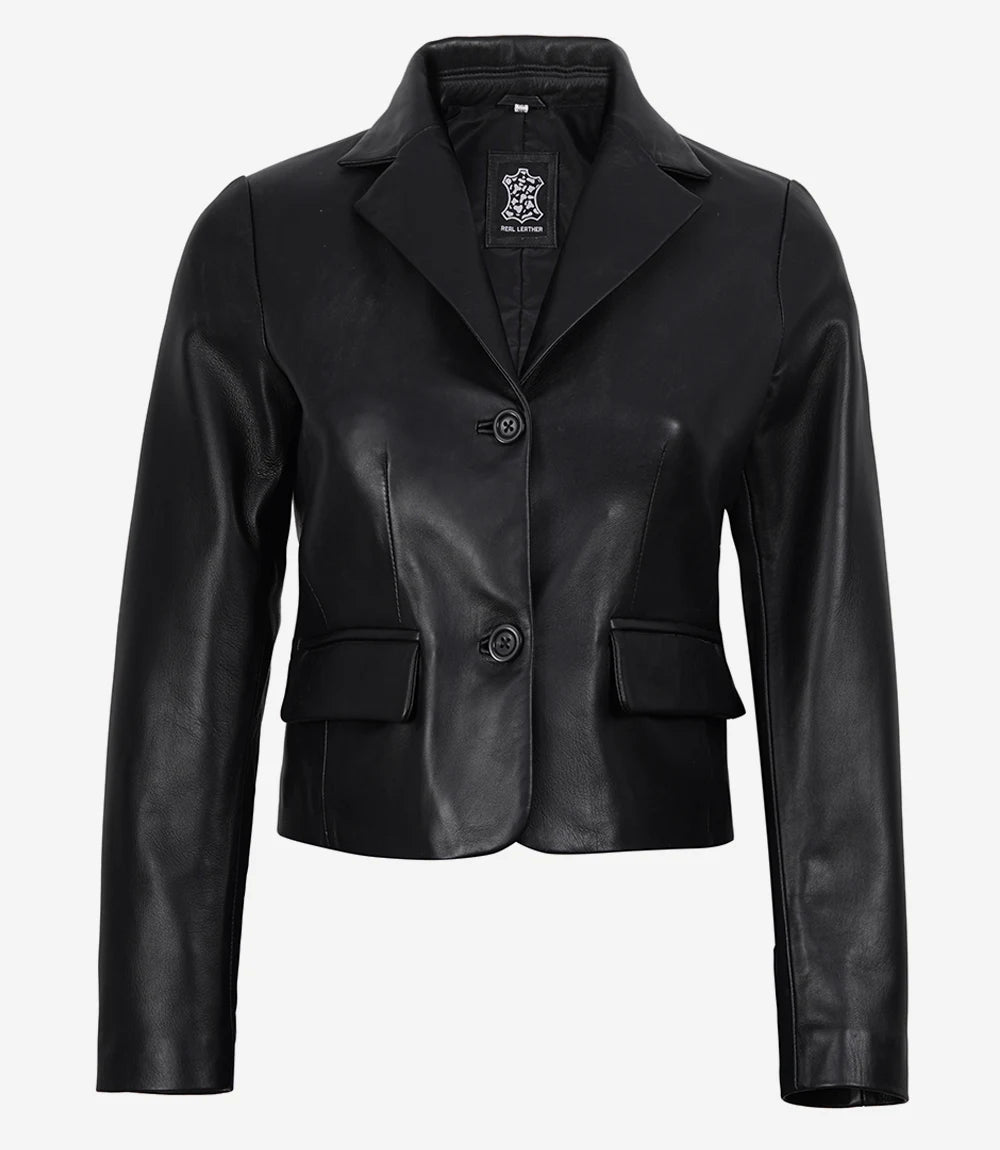 Cropped Black Leather Blazer with Notch Lapel for Women-Leather Jackets-Glompi-Glompi