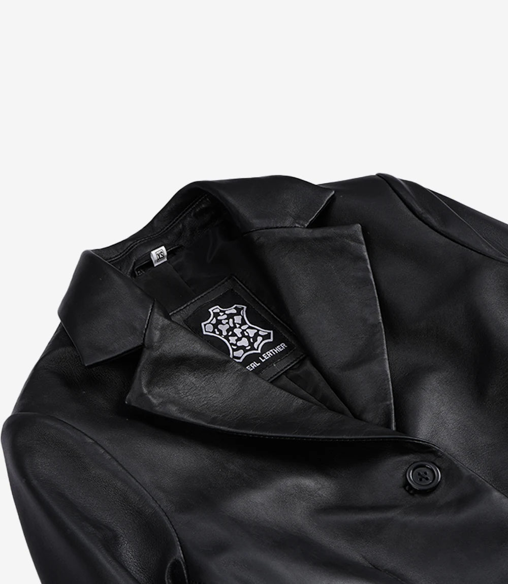 Cropped Black Leather Blazer with Notch Lapel for Women-Leather Jackets-Glompi-Glompi