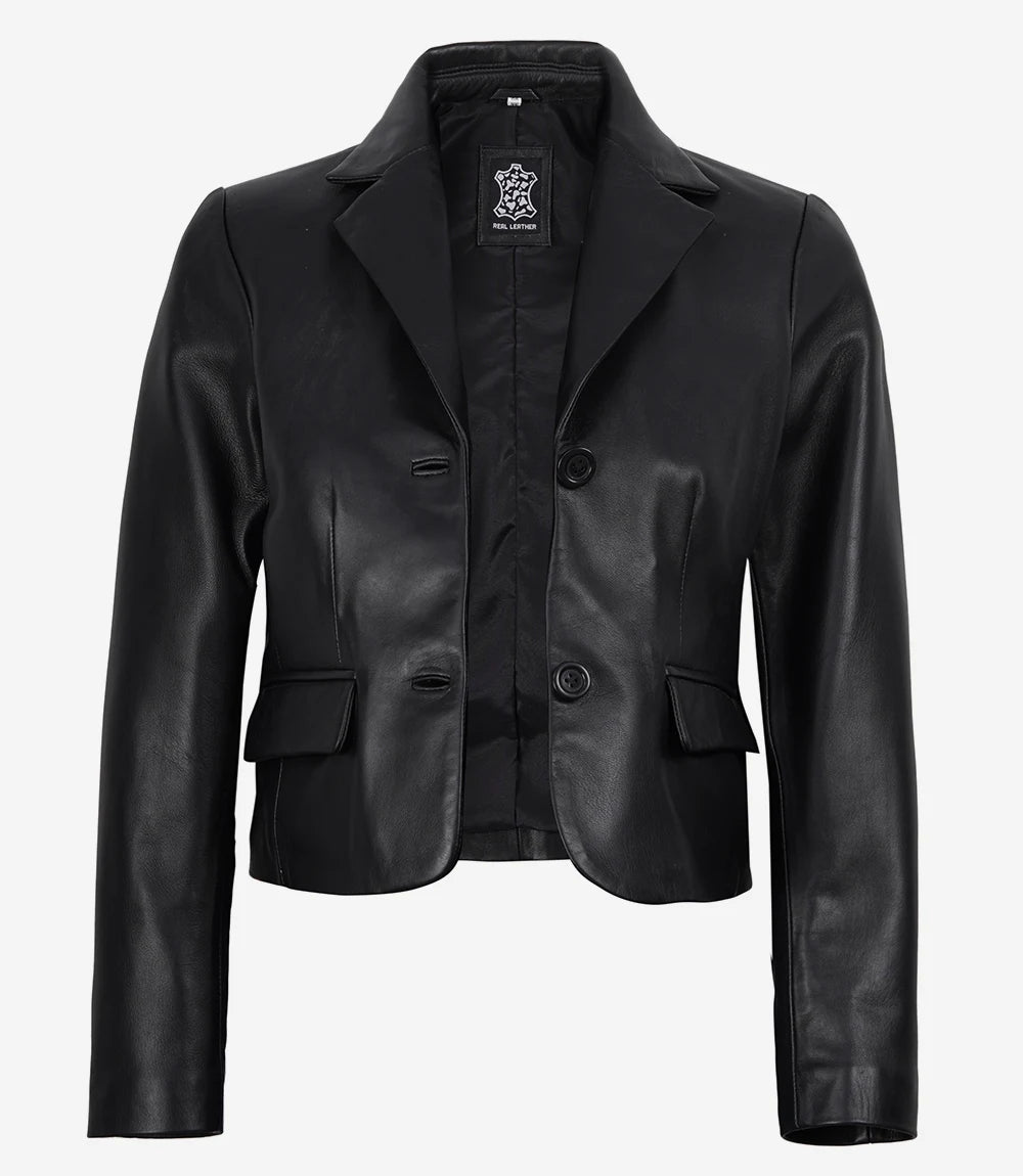 Cropped Black Leather Blazer with Notch Lapel for Women-Leather Jackets-Glompi-XS-Glompi