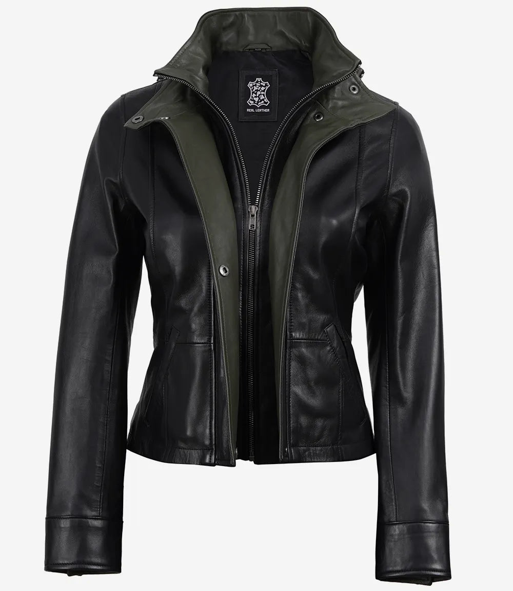 Cropped Black Leather Jacket for Women with Olive Green Accents-Leather Jackets-Glompi-Glompi