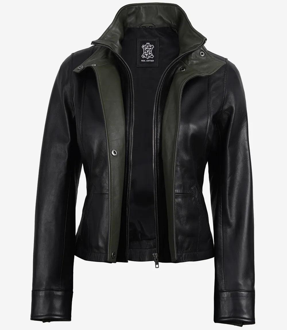 Cropped Black Leather Jacket for Women with Olive Green Accents-Leather Jackets-Glompi-Glompi