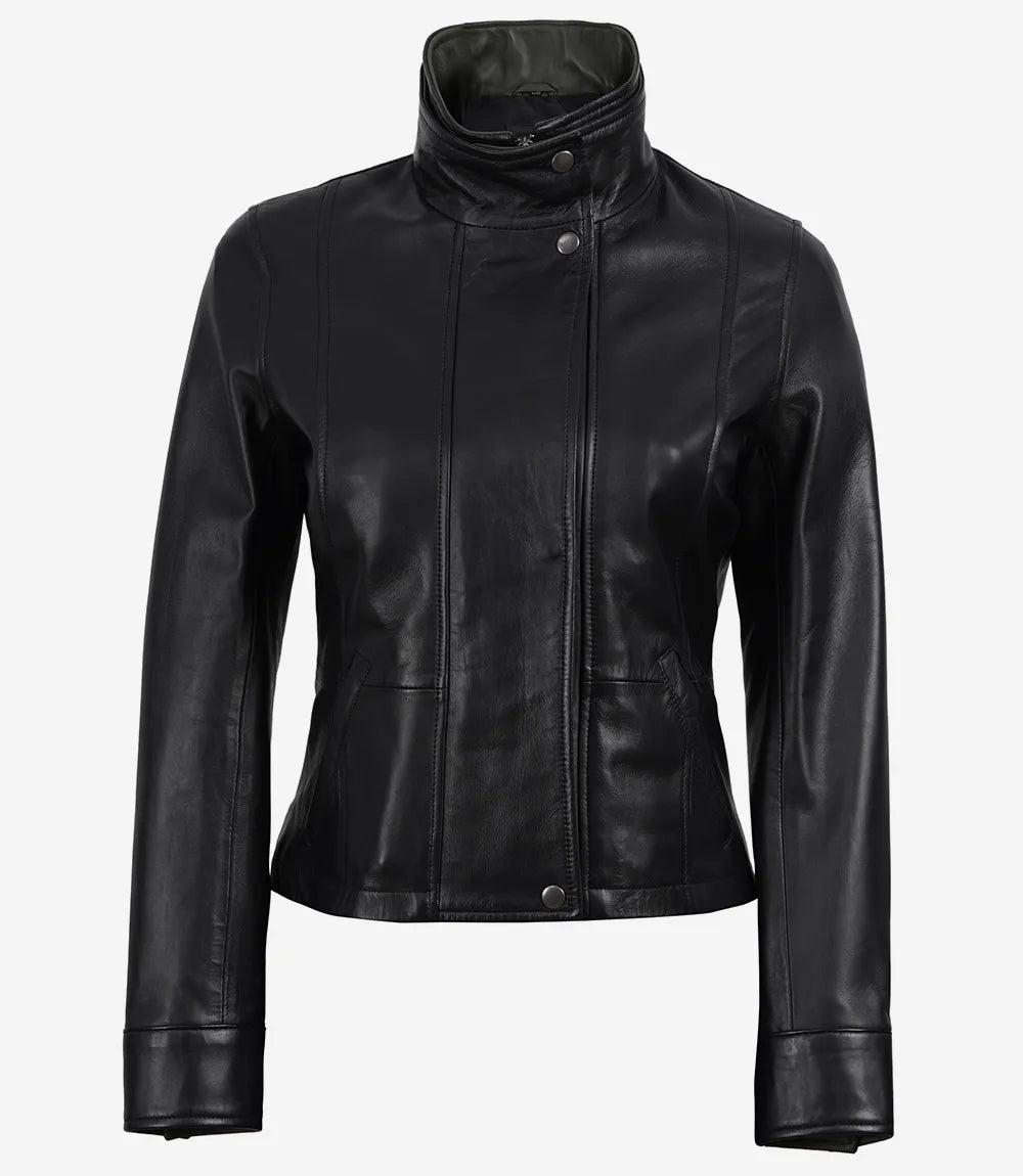 Cropped Black Leather Jacket for Women with Olive Green Accents-Leather Jackets-Glompi-Glompi