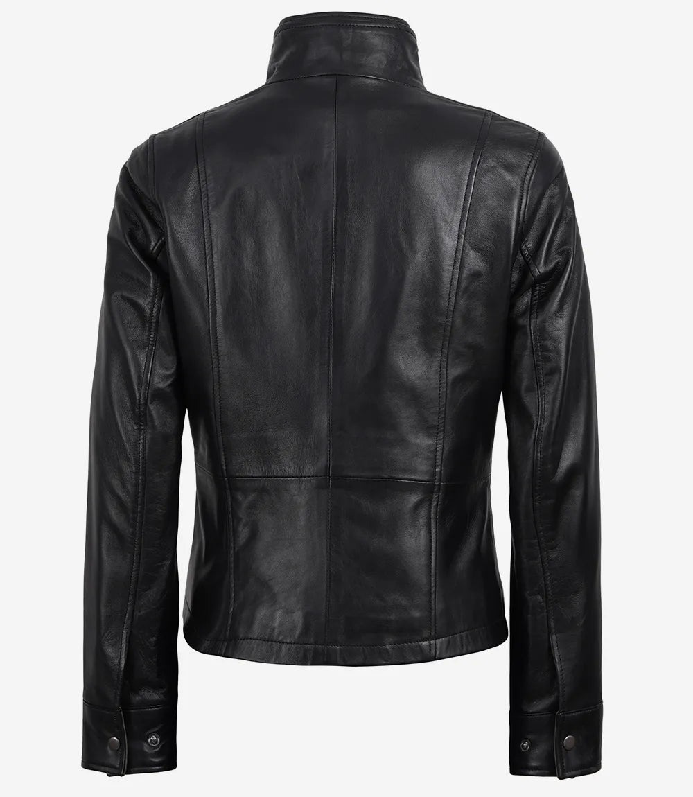 Cropped Black Leather Jacket for Women with Olive Green Accents-Leather Jackets-Glompi-Glompi