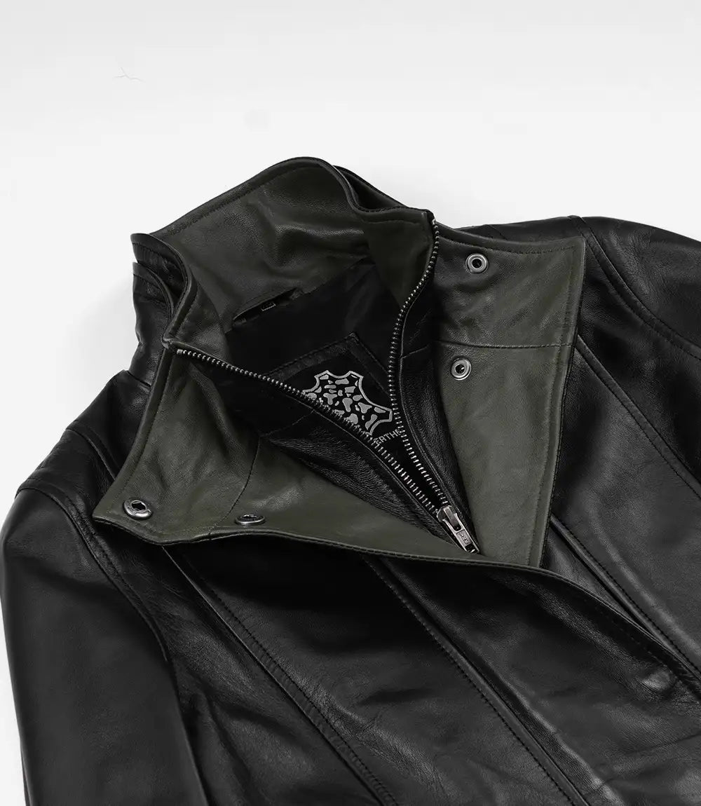 Cropped Black Leather Jacket for Women with Olive Green Accents-Leather Jackets-Glompi-Glompi