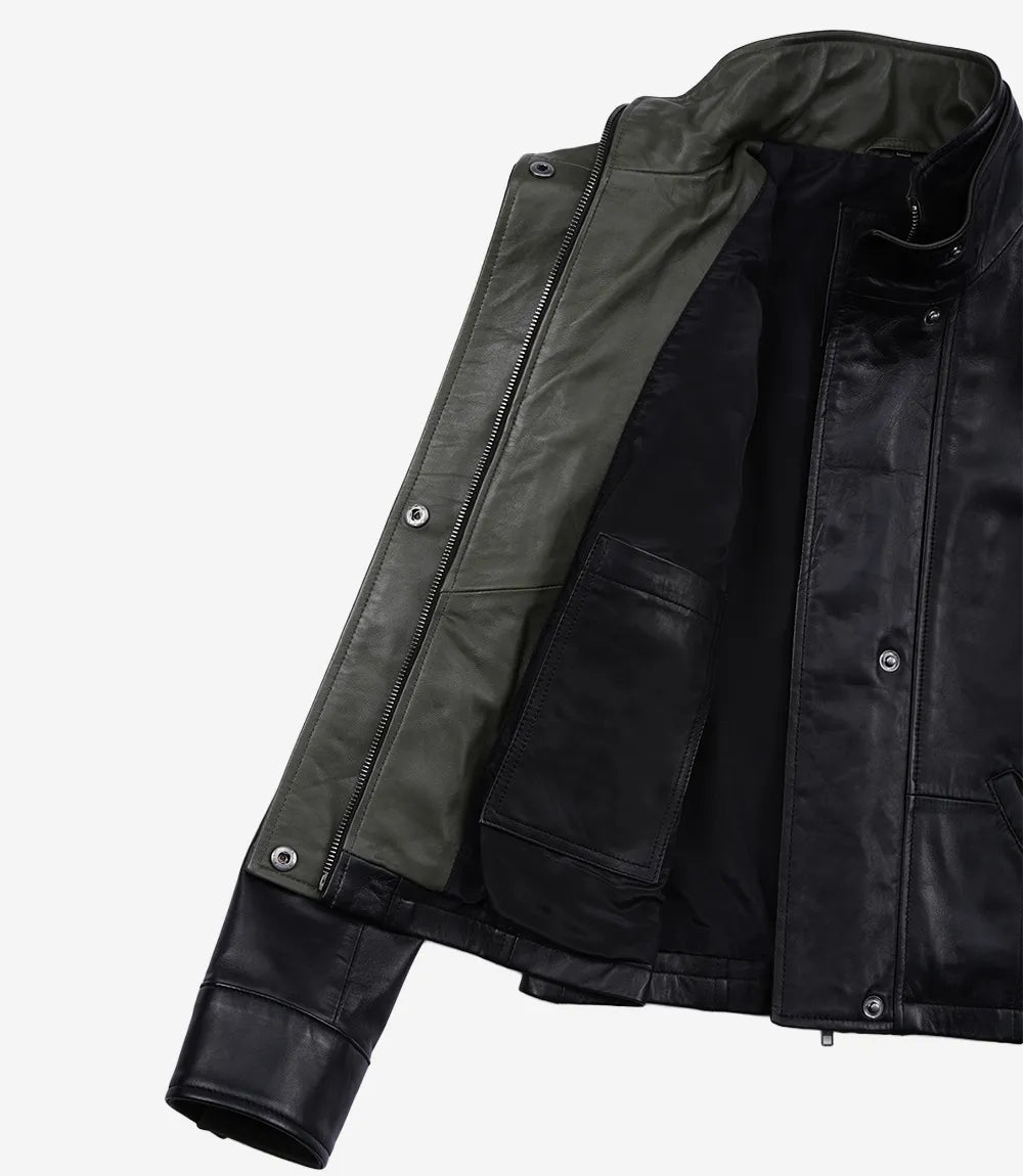 Cropped Black Leather Jacket for Women with Olive Green Accents-Leather Jackets-Glompi-Glompi