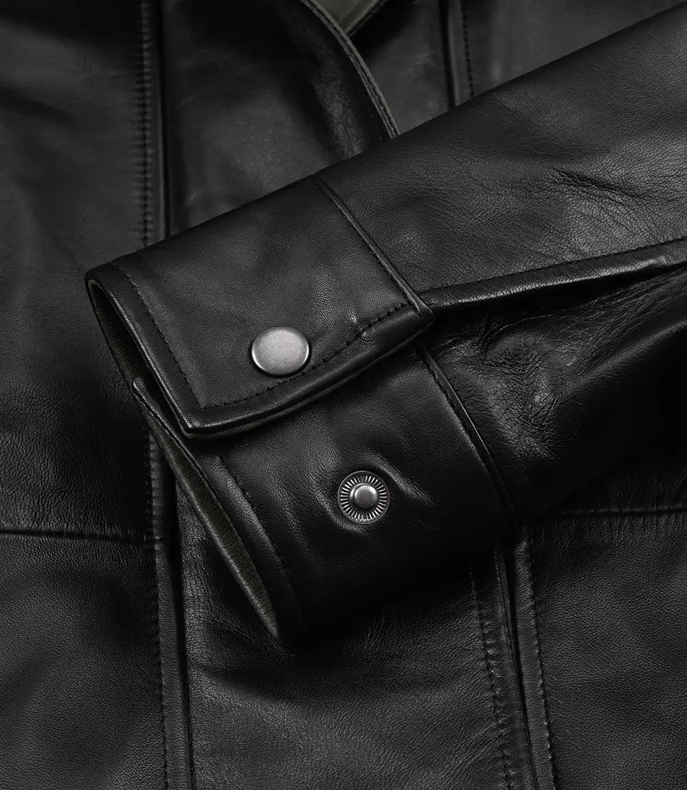 Cropped Black Leather Jacket for Women with Olive Green Accents-Leather Jackets-Glompi-Glompi