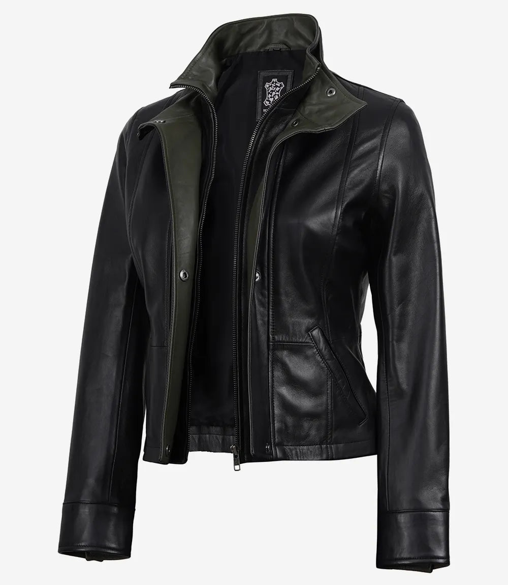 Cropped Black Leather Jacket for Women with Olive Green Accents-Leather Jackets-Glompi-XS-Glompi
