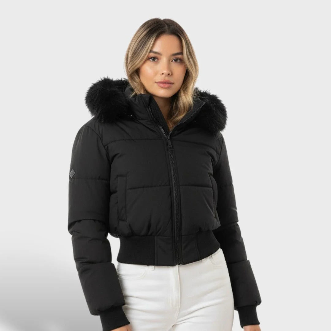 Cropped Black Puffer Jacket for Women with Ribbed Cuffs 2