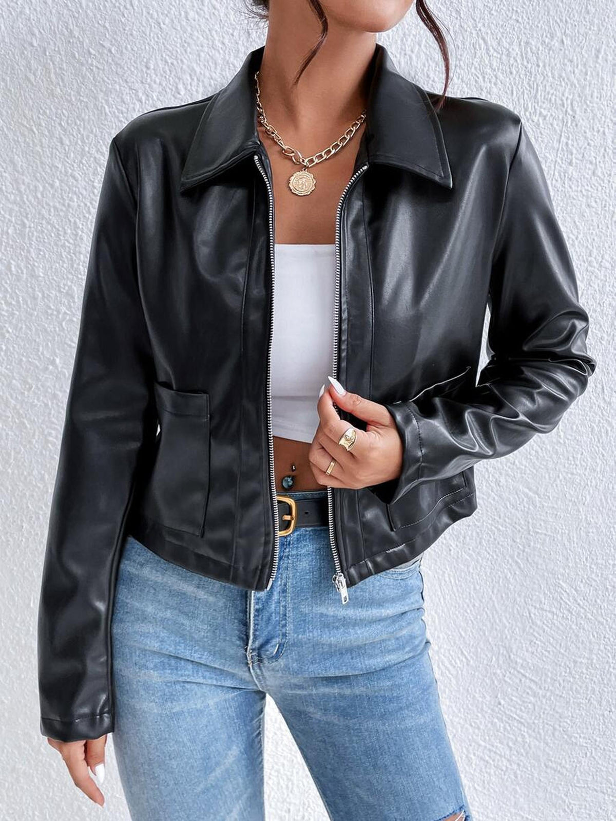 Cropped Black Vegan Leather Jacket with Wide Collar 0