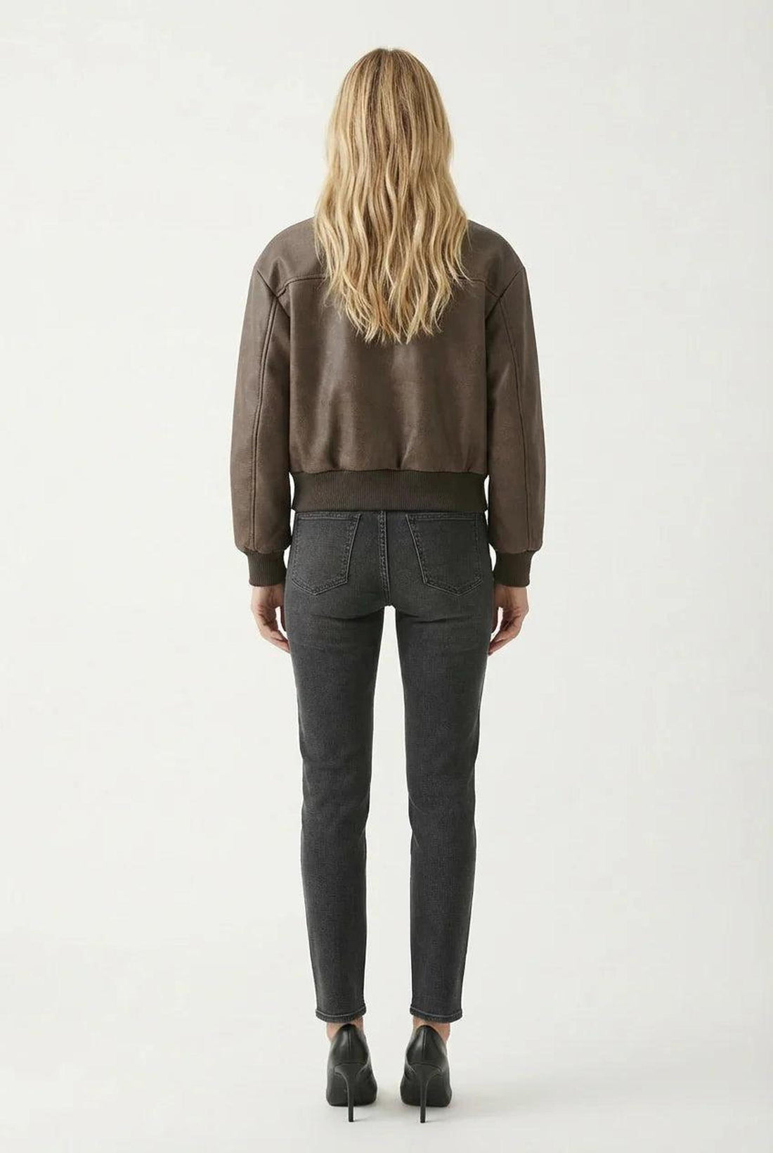 Cropped Brown Leather Bomber Jacket with Utility Pockets 0