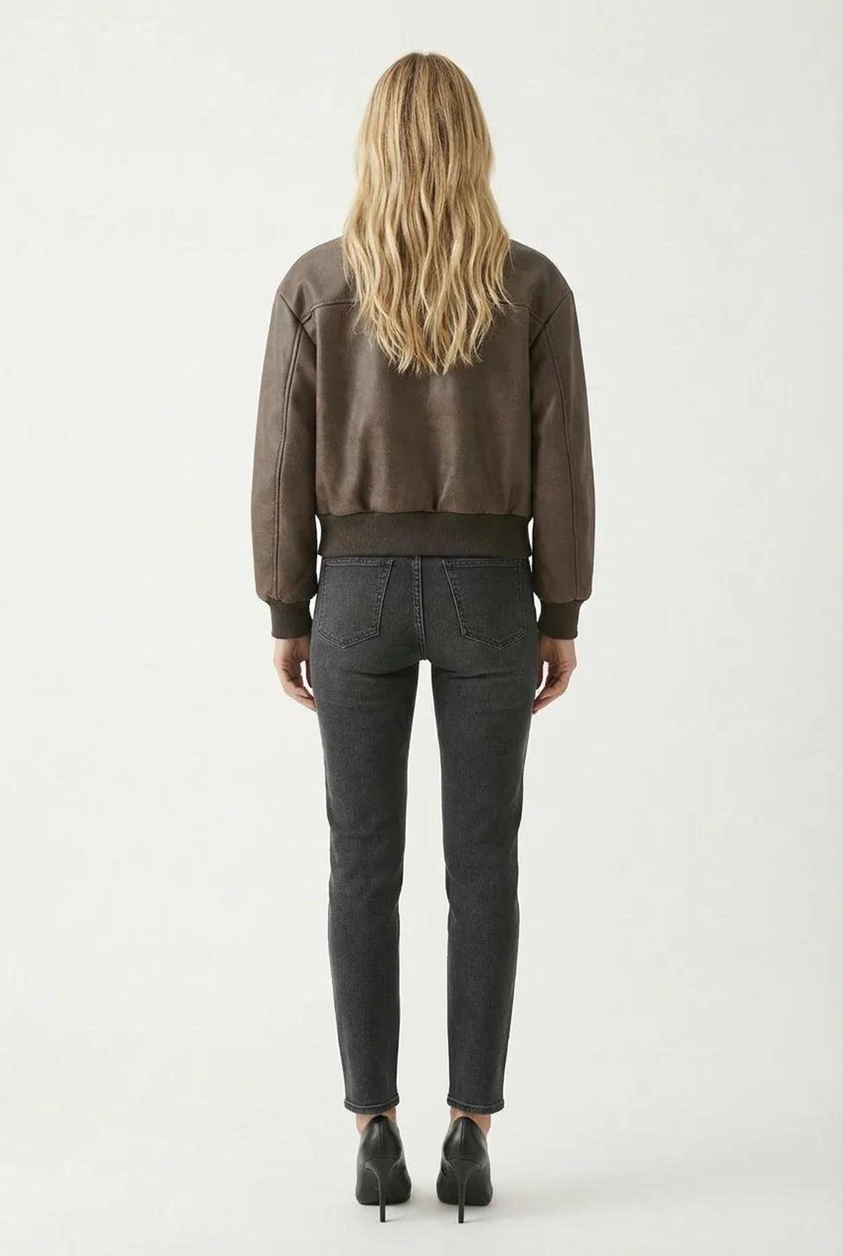 Cropped Brown Leather Bomber Jacket with Utility Pockets 1