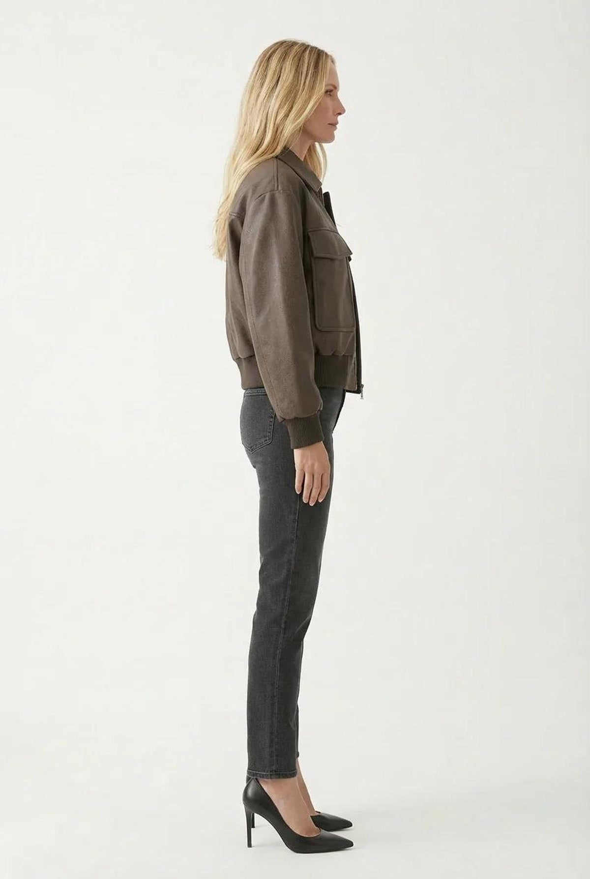 Cropped Brown Leather Bomber Jacket with Utility Pockets 2