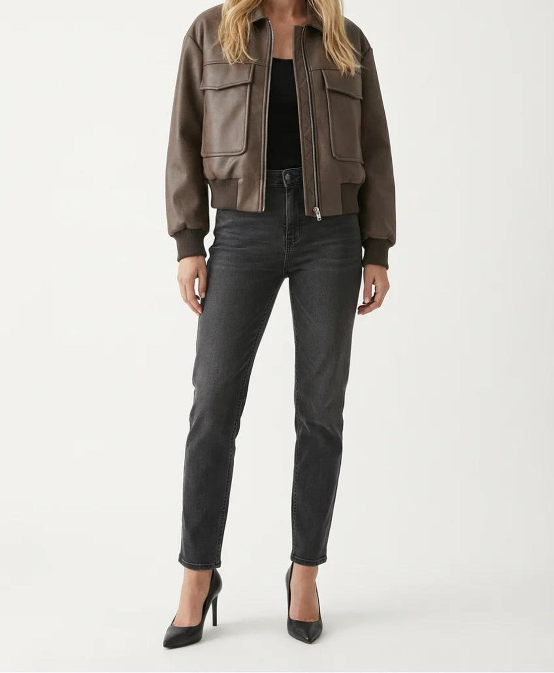 Cropped Brown Leather Bomber Jacket with Utility Pockets 0