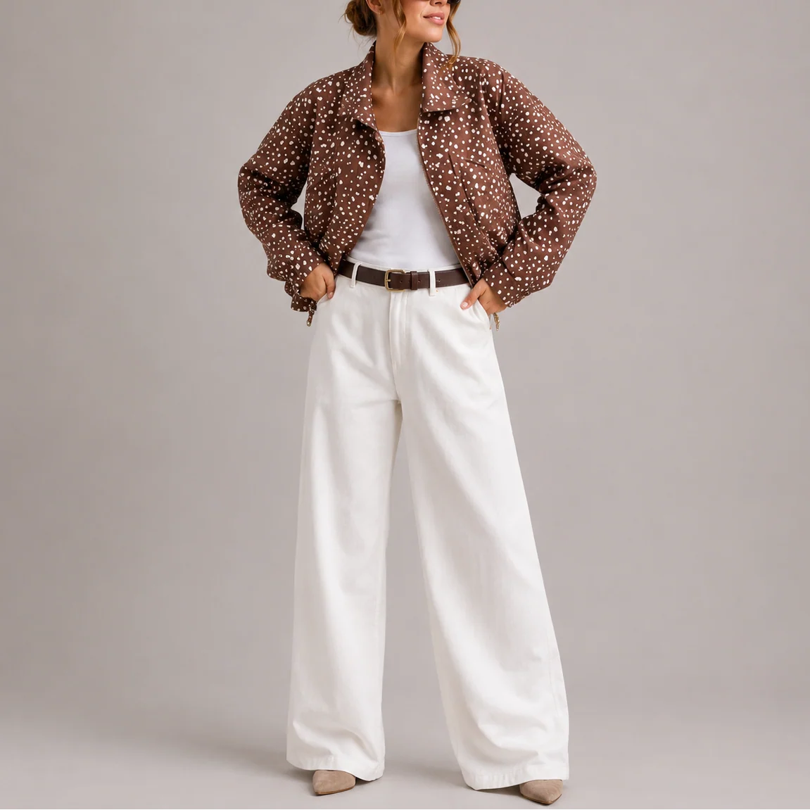 Cropped Brown Polka Dot Bomber Jacket for Women with High Neck 1