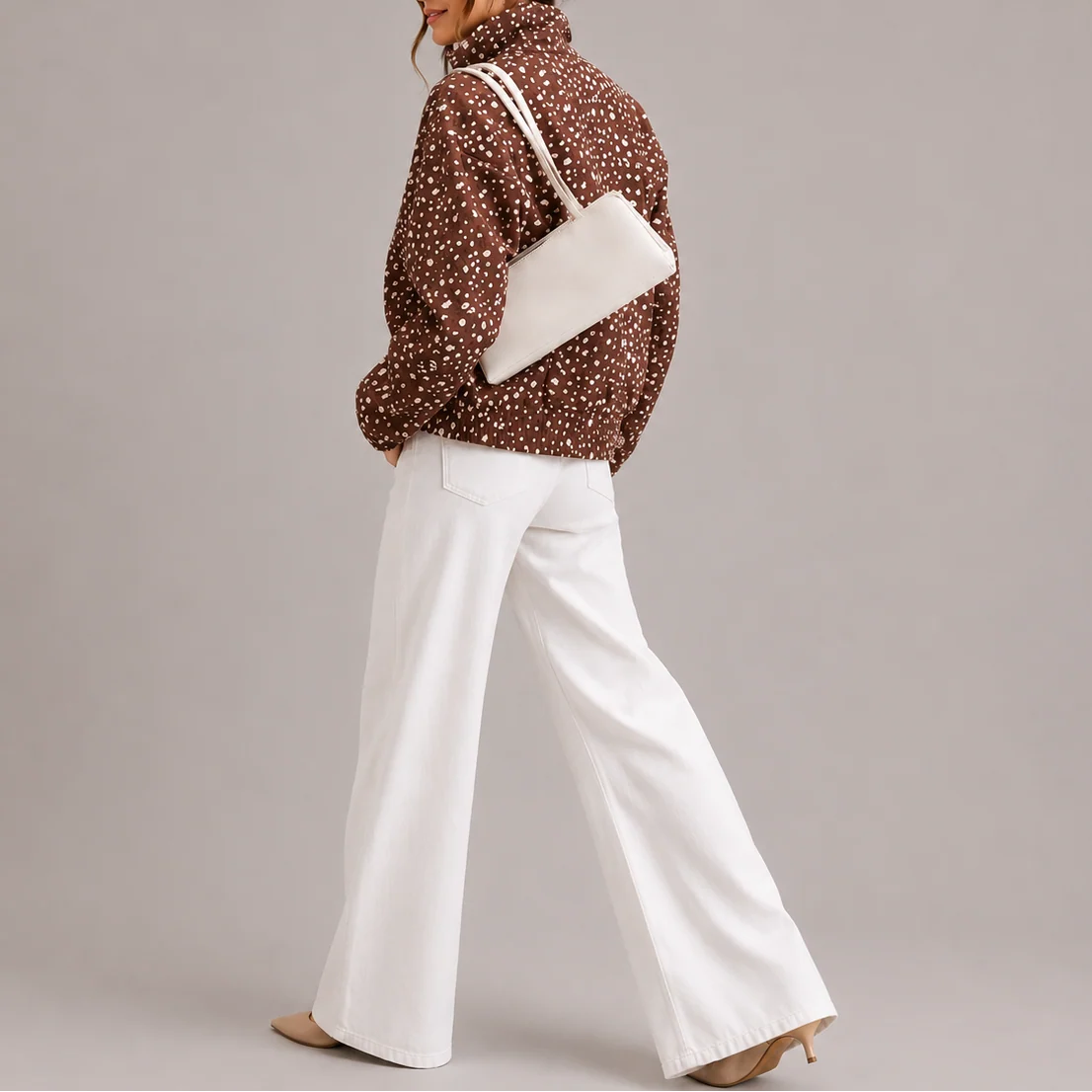 Cropped Brown Polka Dot Bomber Jacket for Women with High Neck 2