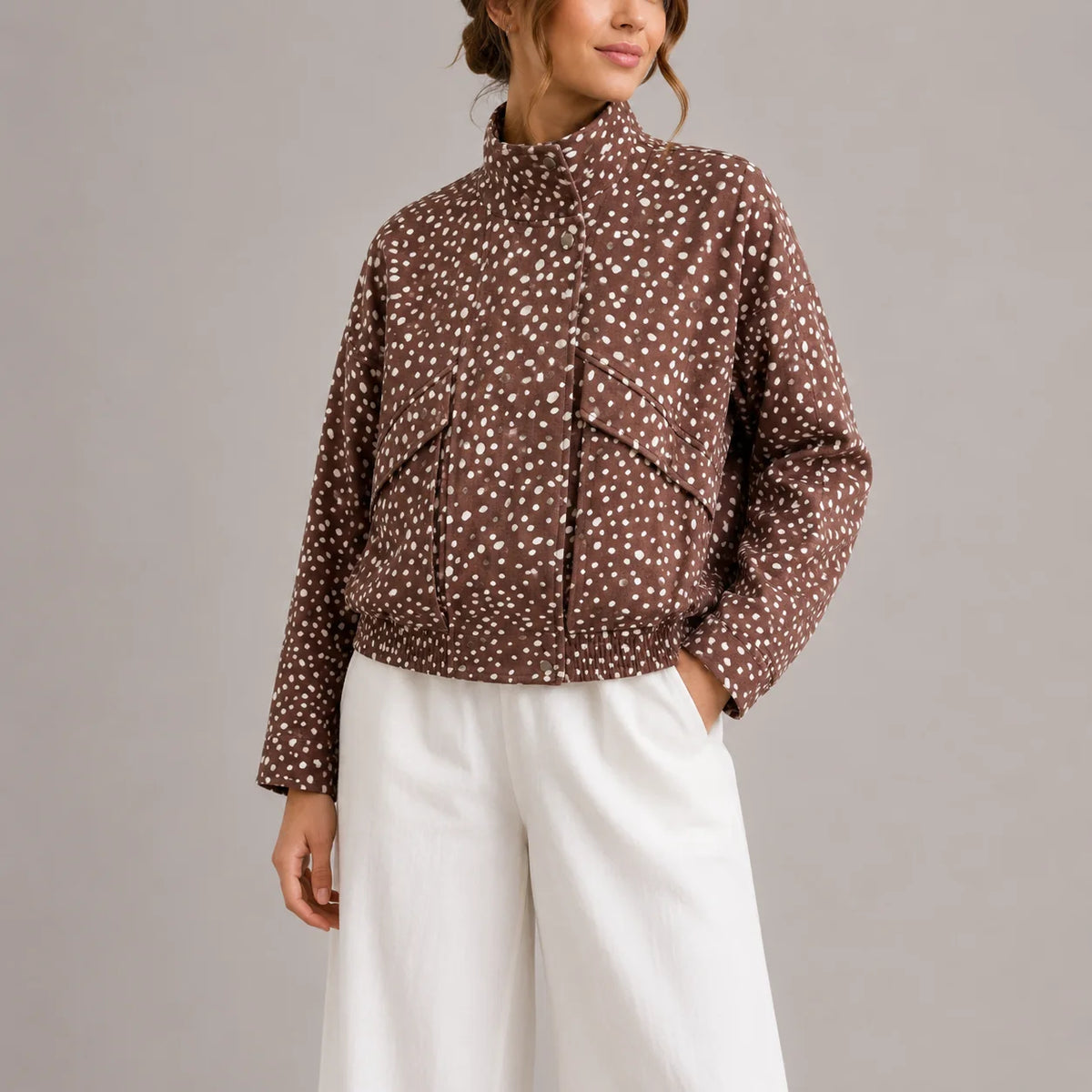 Cropped Brown Polka Dot Bomber Jacket for Women with High Neck 0