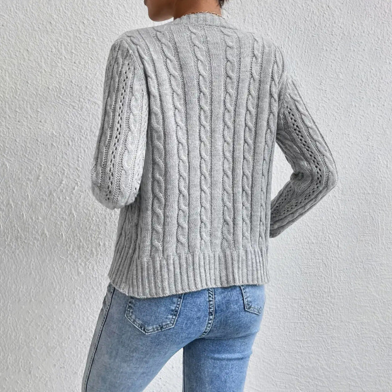 Cropped Cable Knit Cardigan Sweater with Tortoiseshell Buttons 1