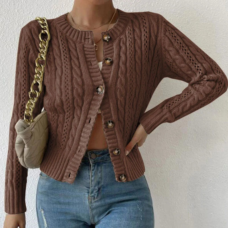 Cropped Cable Knit Cardigan Sweater with Tortoiseshell Buttons 3