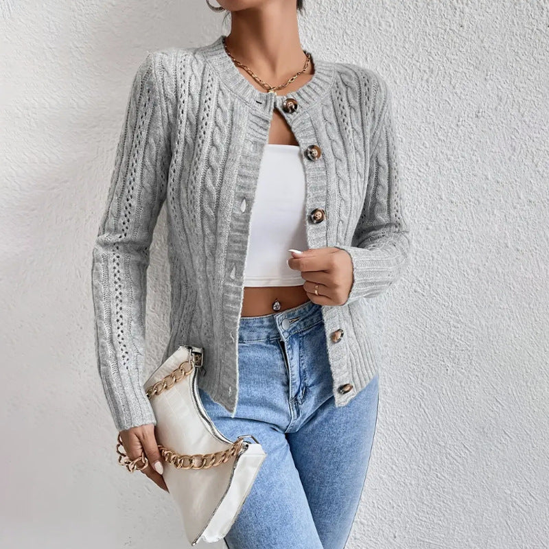 Cropped Cable Knit Cardigan Sweater with Tortoiseshell Buttons 0