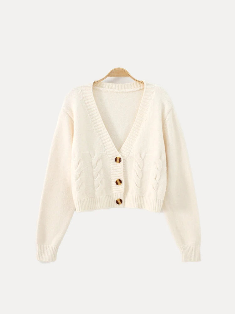 Cropped Cable Knit Cardigan with V-Neck and Horn Buttons 3