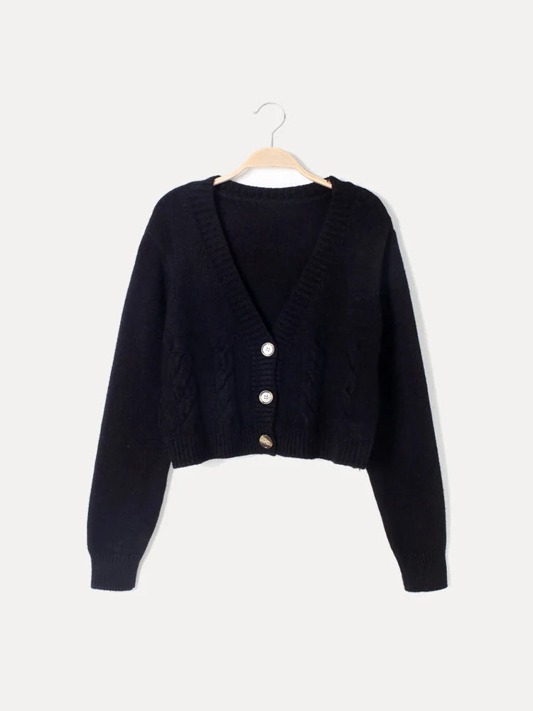 Cropped Cable Knit Cardigan with V-Neck and Horn Buttons 1