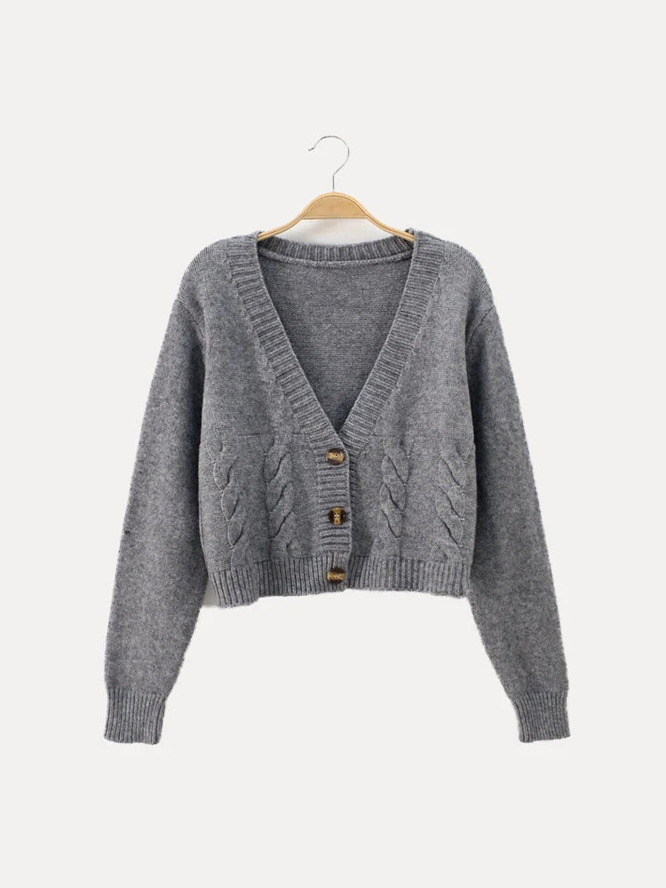 Cropped Cable Knit Cardigan with V-Neck and Horn Buttons 0