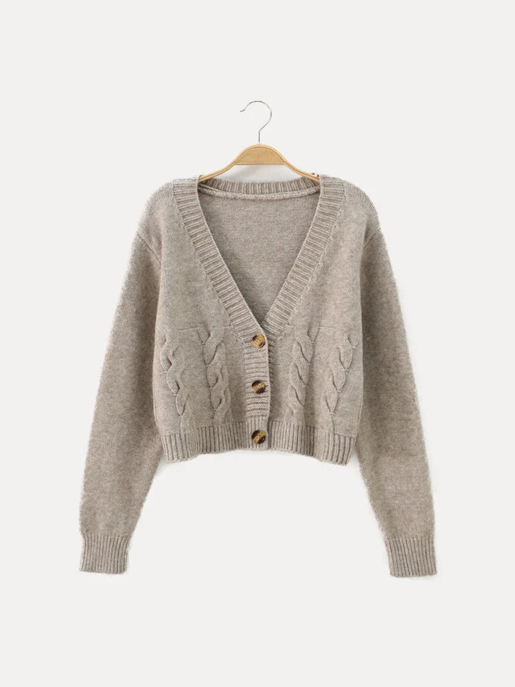Cropped Cable Knit Cardigan with V-Neck and Horn Buttons 2