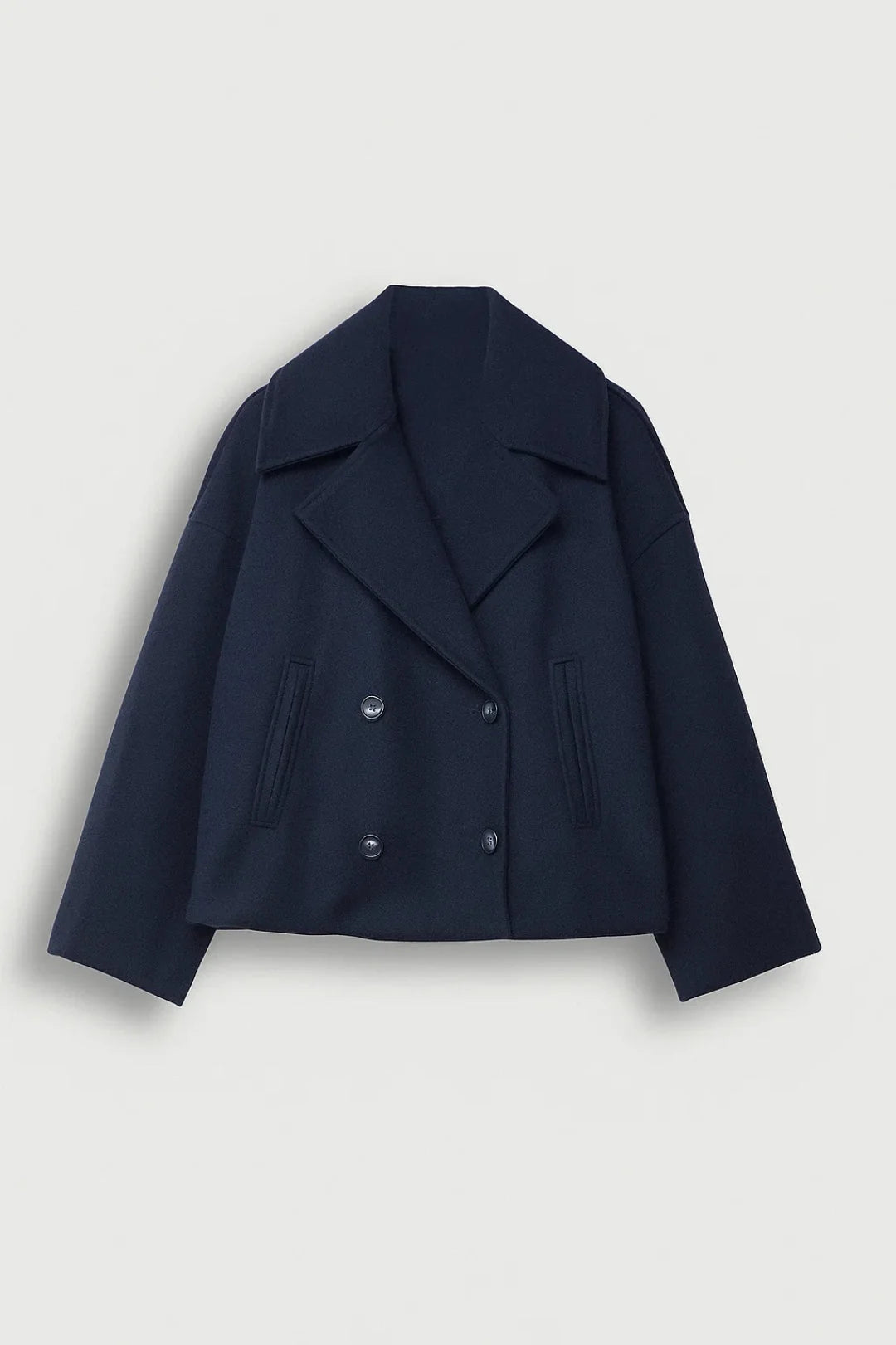 Cropped Double Breasted Wool Pea Coat with Wide Lapels 1