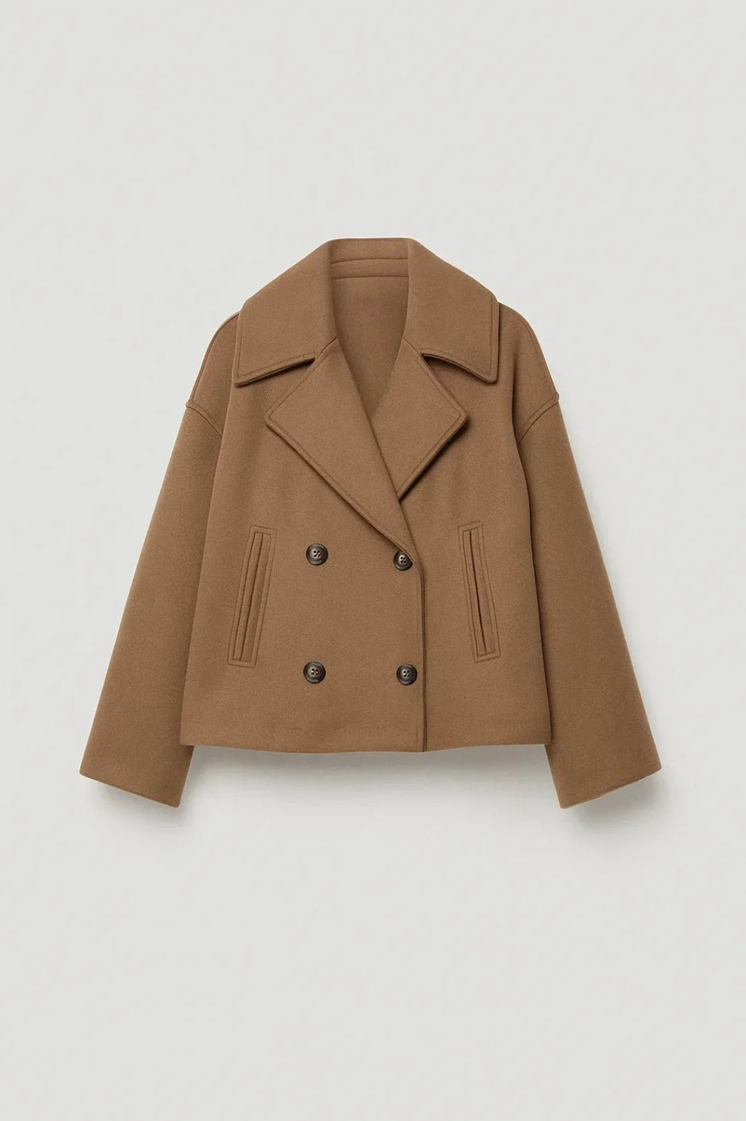 Cropped Double Breasted Wool Pea Coat with Wide Lapels 3