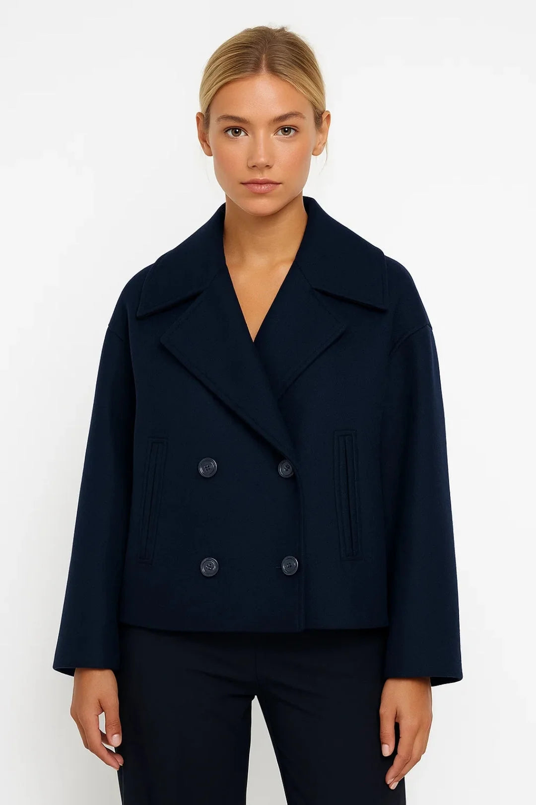 Cropped Double Breasted Wool Pea Coat with Wide Lapels 0