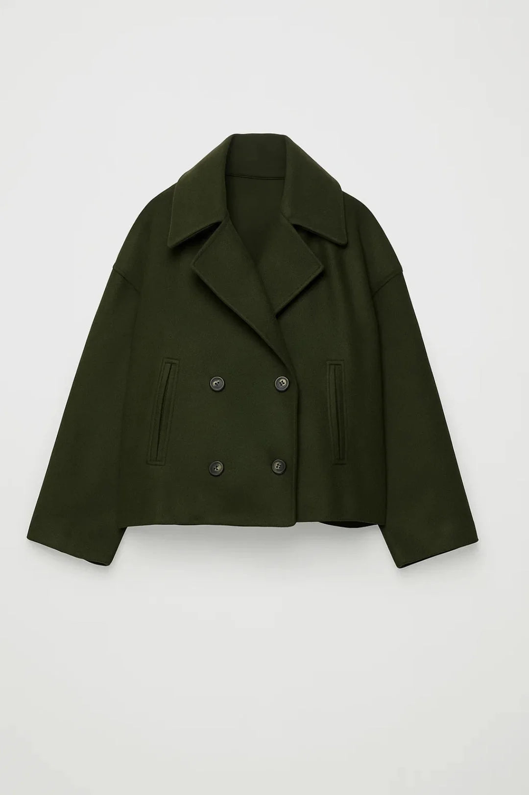 Cropped Double Breasted Wool Pea Coat with Wide Lapels 2