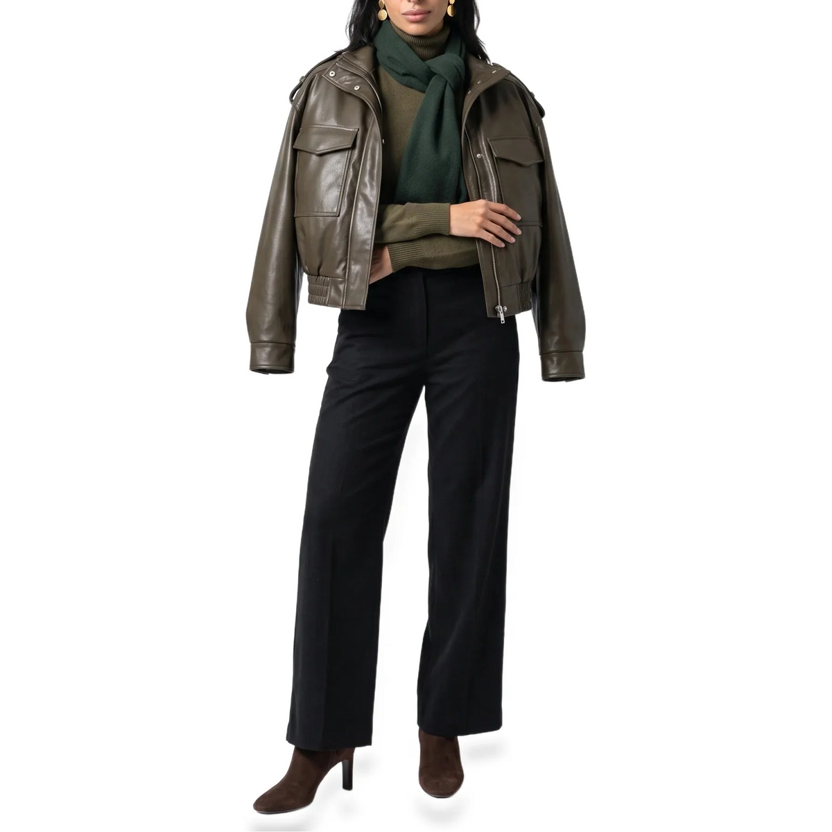 Cropped Faux Leather Bomber Jacket with Ribbed Cuffs 1