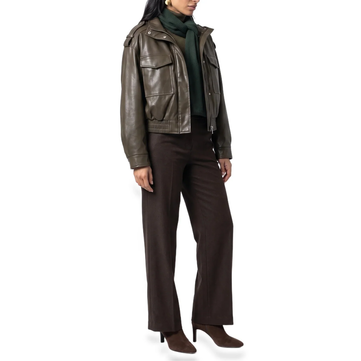 Cropped Faux Leather Bomber Jacket with Ribbed Cuffs 2
