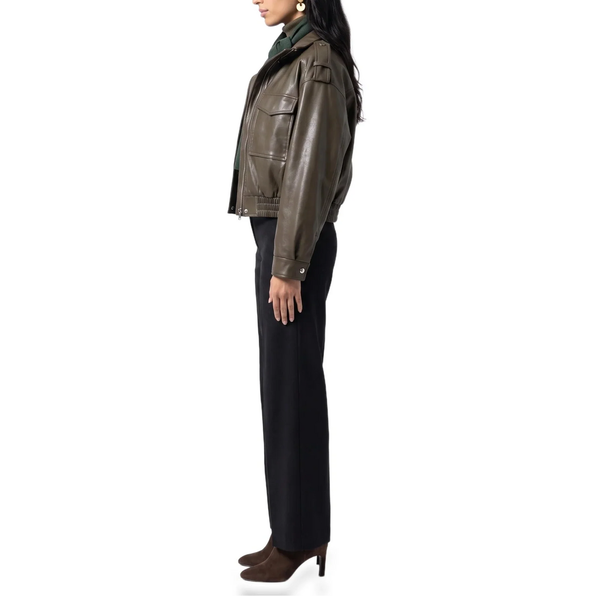 Cropped Faux Leather Bomber Jacket with Ribbed Cuffs 3