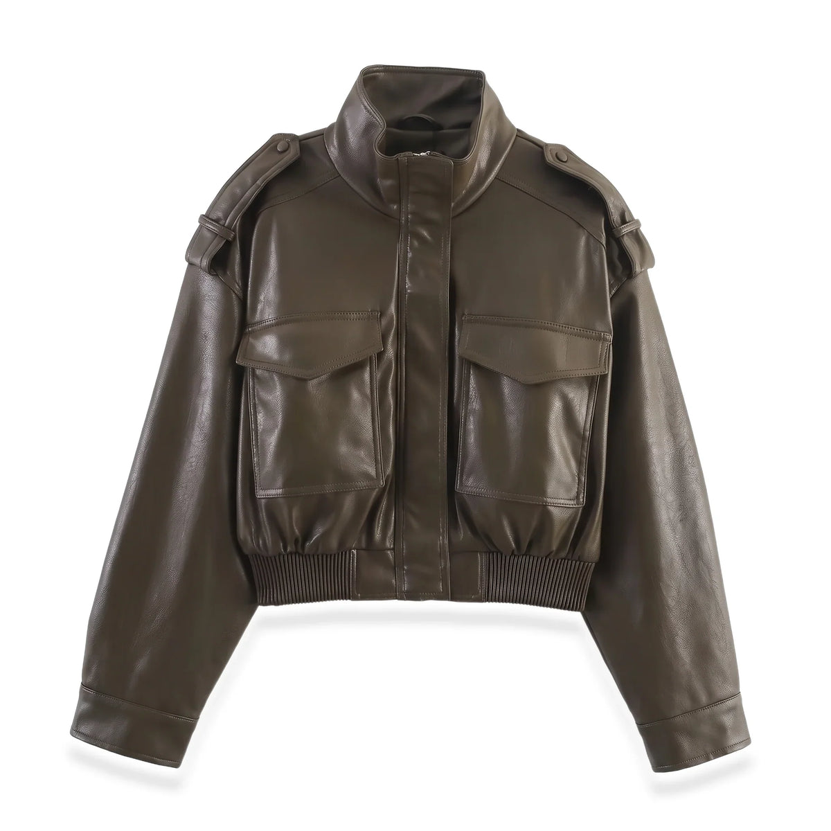 Cropped Faux Leather Bomber Jacket with Ribbed Cuffs 4