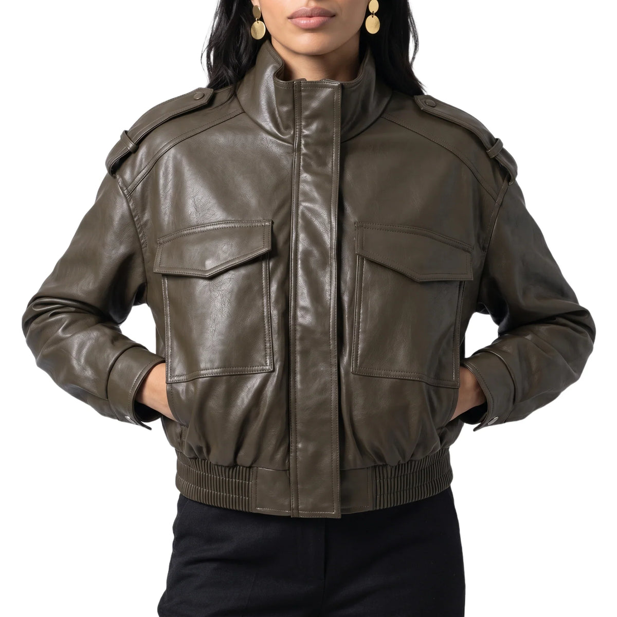 Cropped Faux Leather Bomber Jacket with Ribbed Cuffs 0