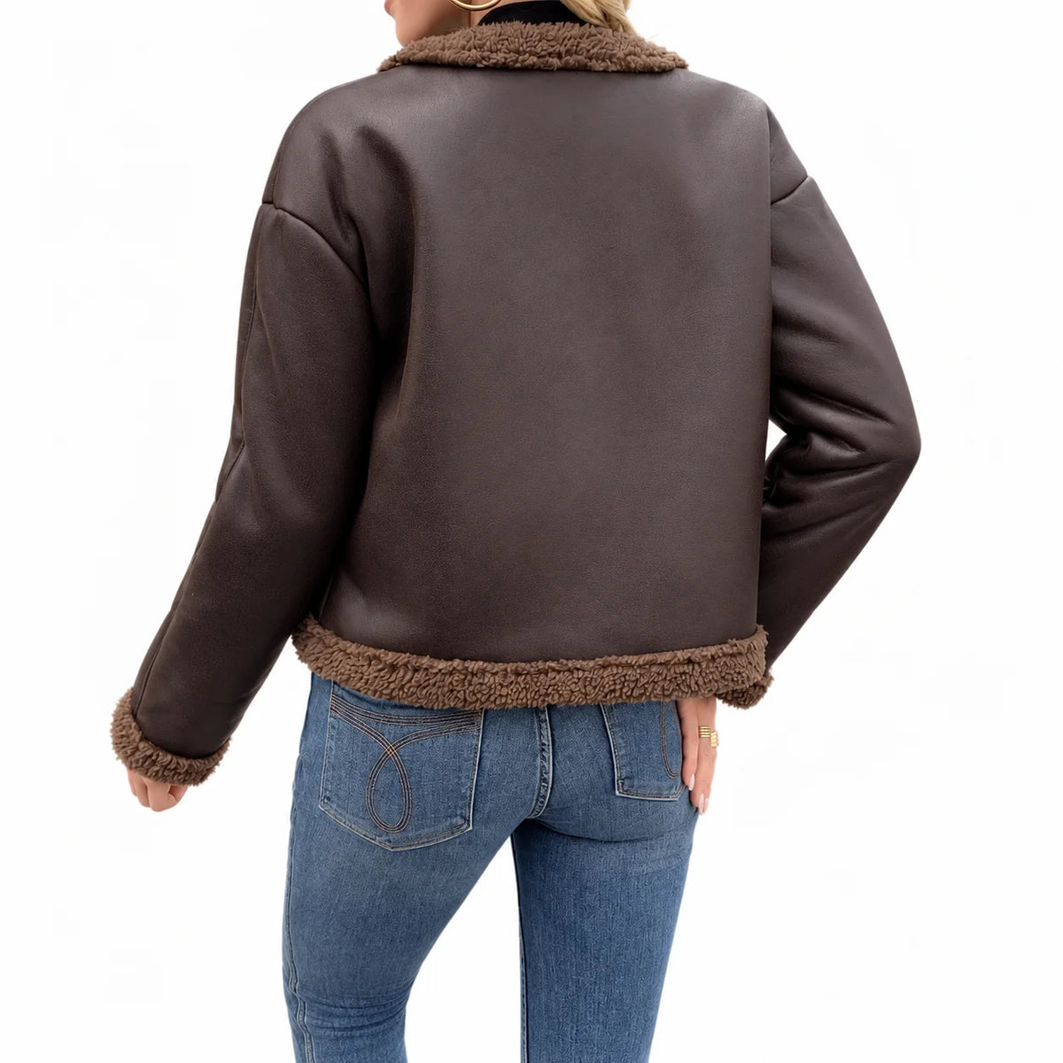 Cropped Faux Leather Jacket with Teddy Trim 1