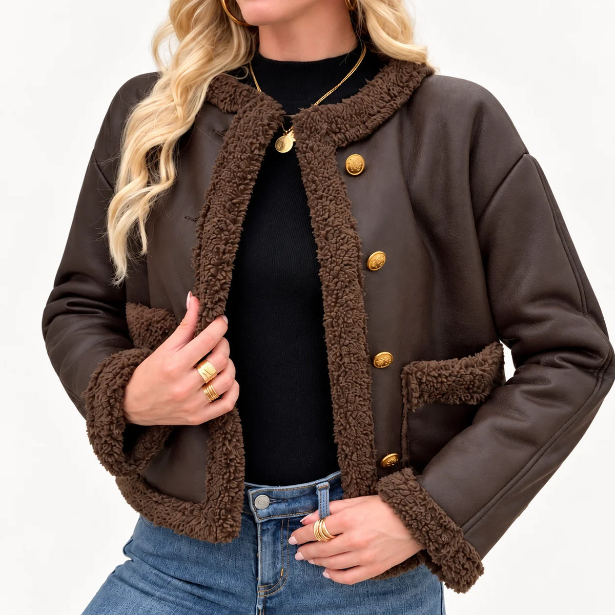 Cropped Faux Leather Jacket with Teddy Trim 0