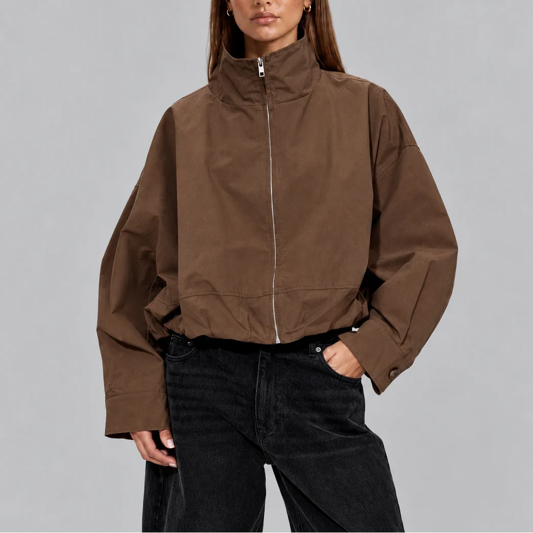 Cropped Oversized Bomber Jacket with High Neck Design 0