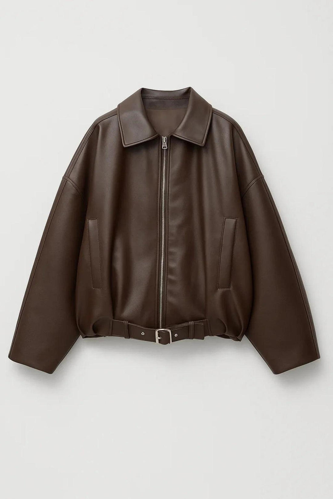 Cropped Oversized Faux Leather Jacket with Belt 0