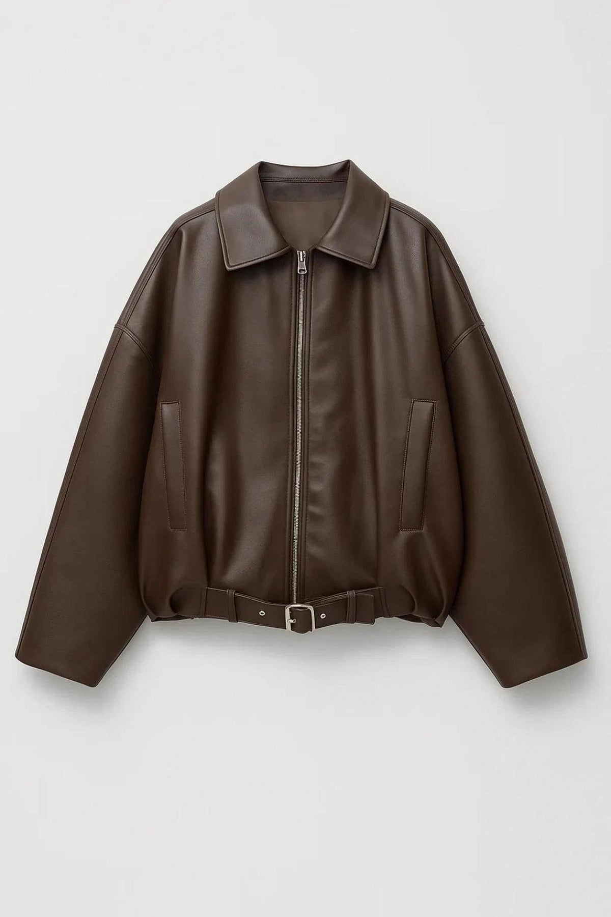 Cropped Oversized Faux Leather Jacket with Belt 1