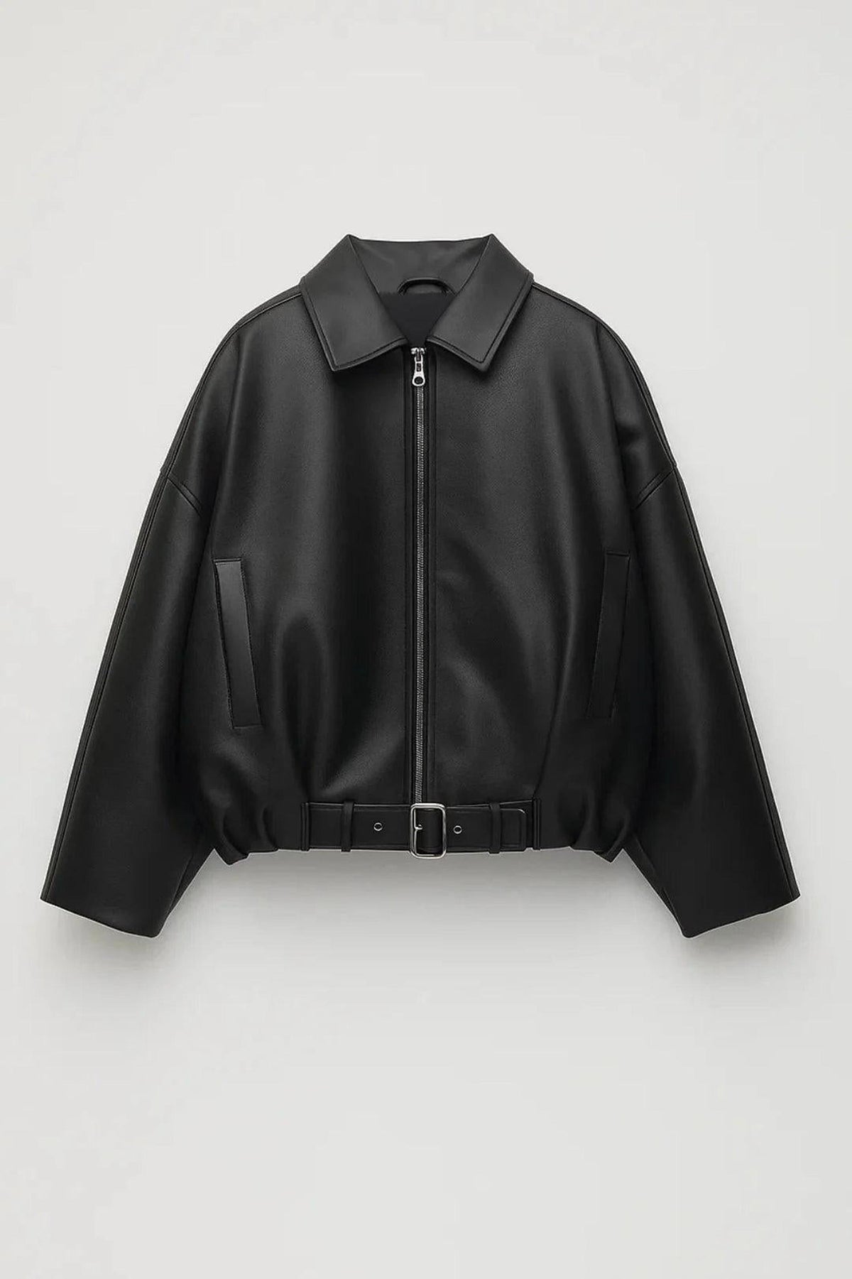 Cropped Oversized Faux Leather Jacket with Belt 3