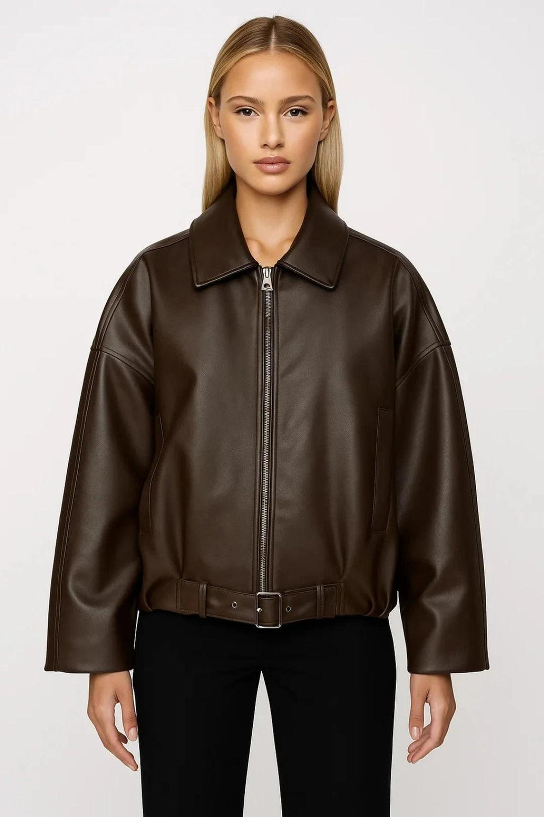 Cropped Oversized Faux Leather Jacket with Belt 0