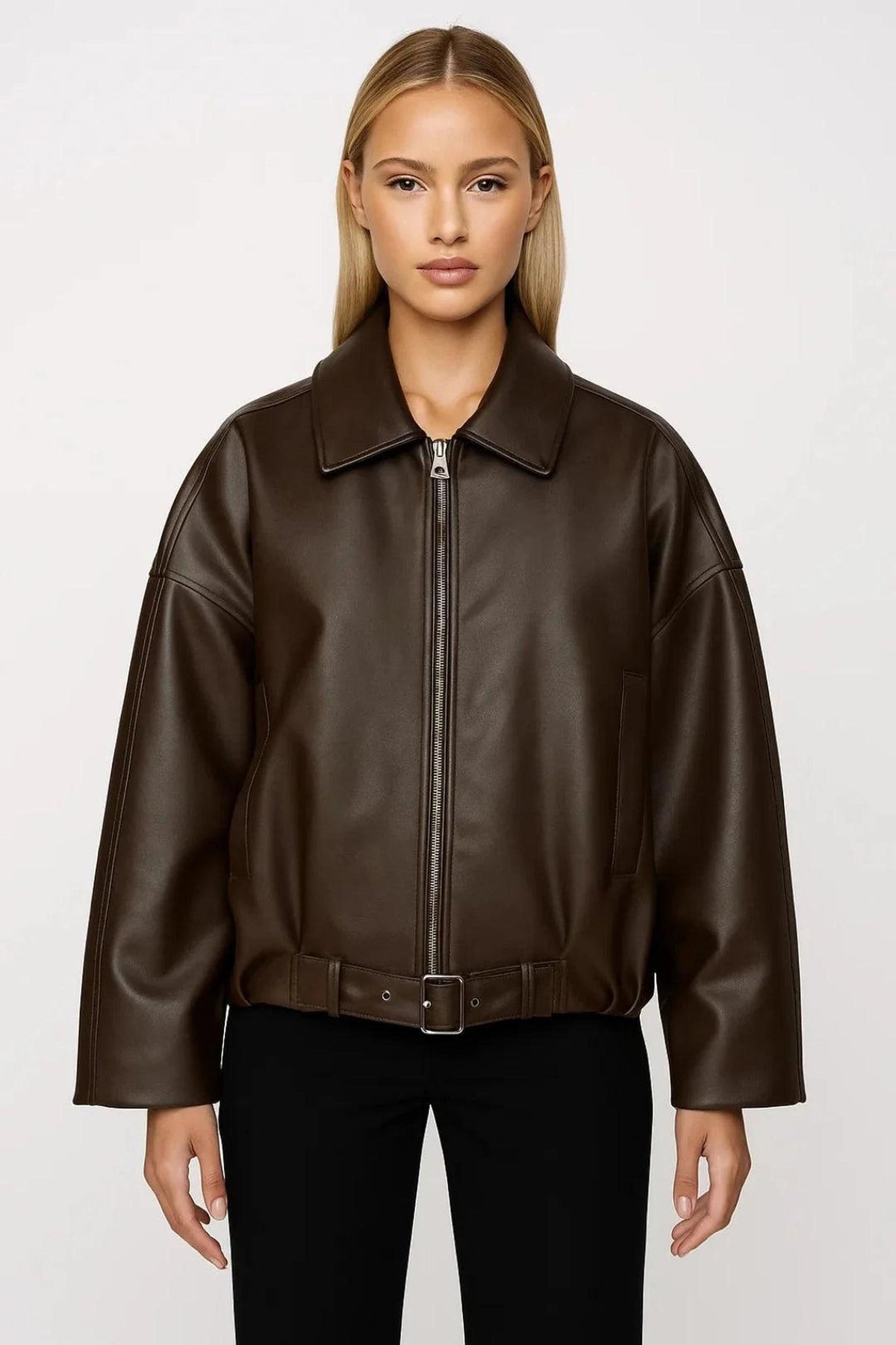 Cropped Oversized Faux Leather Jacket with Belt 0