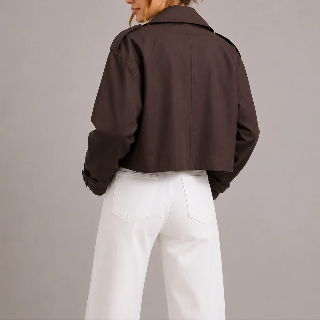 Cropped Trench Coat for Women with Oversized Lapels 1