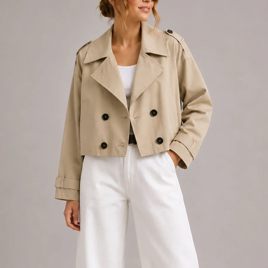 Cropped Trench Coat for Women with Oversized Lapels 2