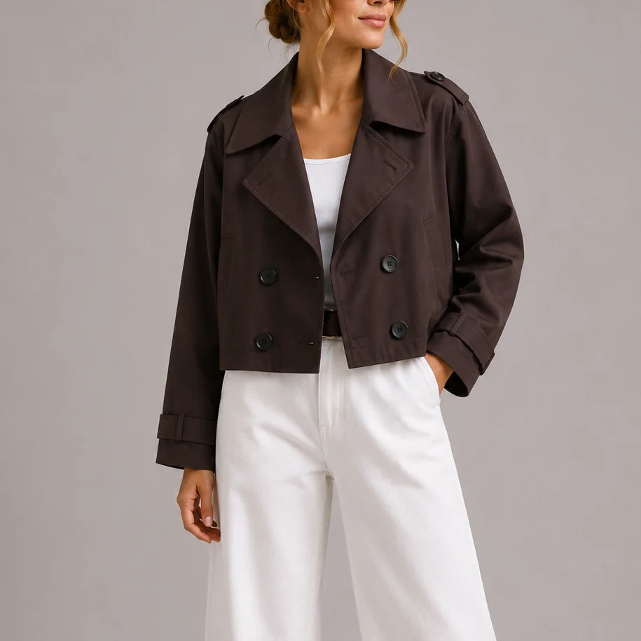 Cropped Trench Coat for Women with Oversized Lapels 0