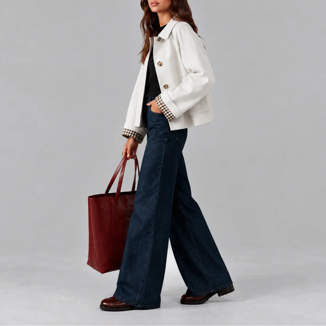 Cropped Trench Jacket with Stylish Plaid Lining 1